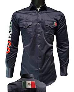 Navy Blue Western Shirt with Mexican Flag Detail, Long Sleeve, Montero 0459