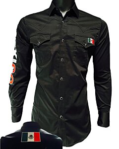 Montero 0459 Black Shirt with Mexico Embroidery on Sleeve and Chest Pocket