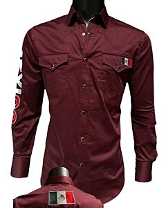 Burgundy Western Shirt with Mexican Flag Detail, Long Sleeve, Montero 0459
