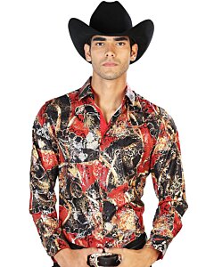Camisa El Señor De Los Cielos 43569 Con Estampado Negro, Rojo y Oro