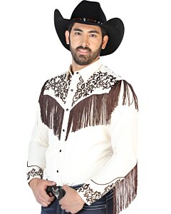 Camisa Vaquera Color Beige Con Bordado Y Barbas Color Café 126700