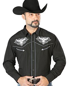 Camisa Negra Bordada Calavera De Toro Con Estrella 126676