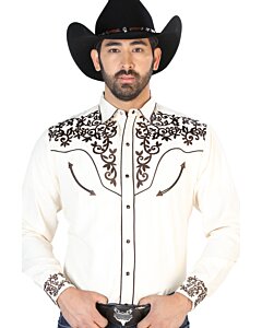 Camisa Vaquera Bordada Beige Con Café 126703