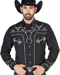 Camisa Negra Bordada Con Diseño De Soga Y Calavera De Toro Cuernos Largos 126711