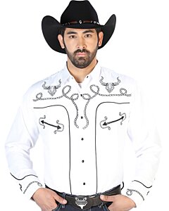 Camisa Blanca Bordada Con Diseño De Soga Y Calavera De Toro Cuernos Largos