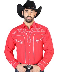 Camisa Roja Bordada Con Diseño De Soga Y Calavera De Toro Cuernos Largos 126713