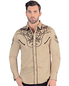 Camisa Vaquera de Hombre Lam 2206 de Manga Larga Beige con Bordado Negro