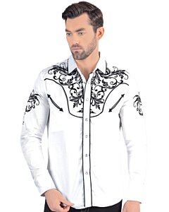 Camisa Vaquera de Hombre Manga Larga Blanca con Bordado Negro 2206