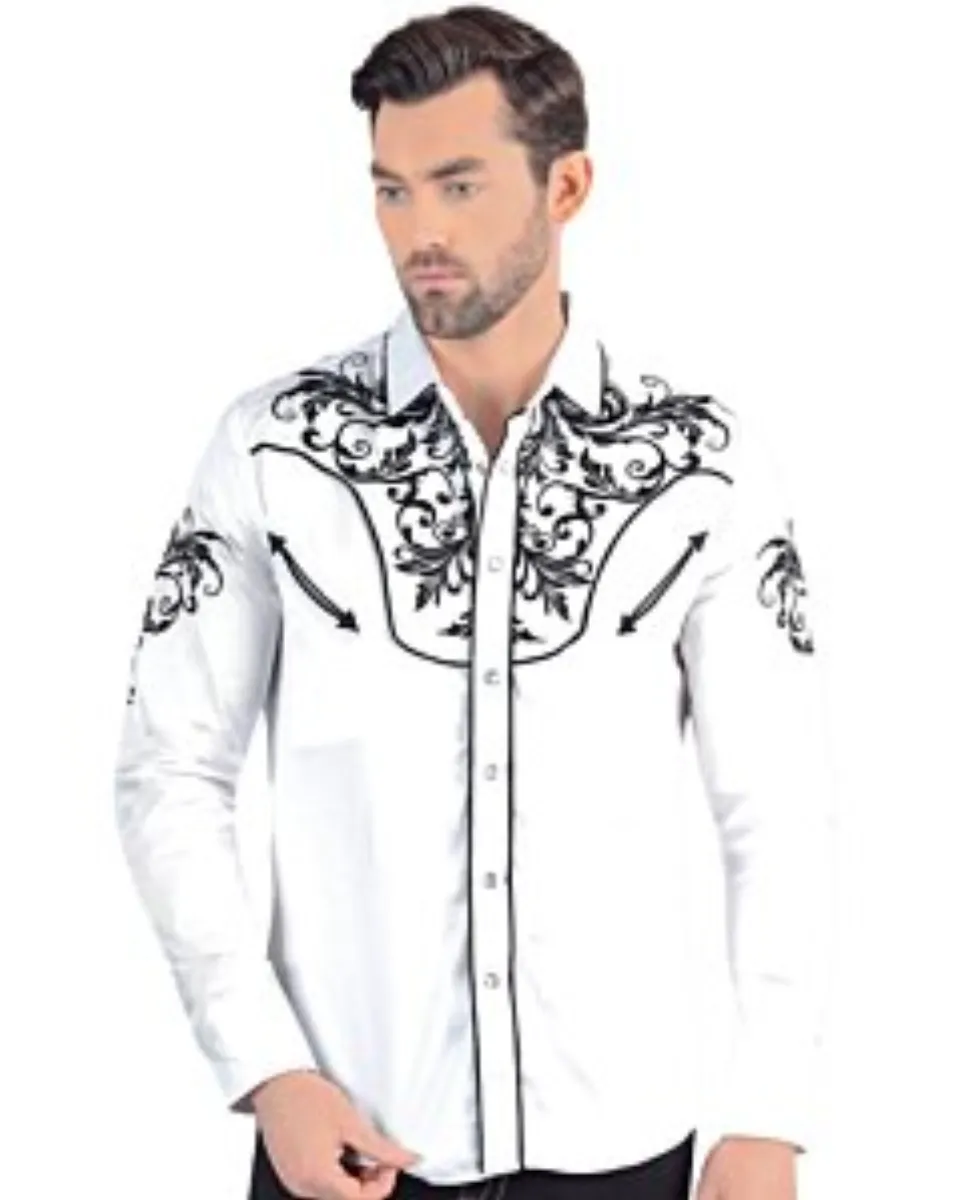 Camisa Vaquera de Hombre Manga Larga Blanca con Bordado Negro 2206