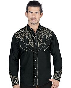 Camisa vaquera negra para caballero con bordado dorado, botones de broche y estilo cowboy clásico de El General.
