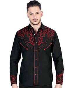 Camisa vaquera negra para caballero con bordado rojo, botones de broche y estilo cowboy clásico de El General.