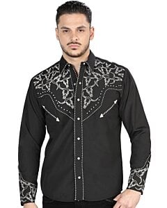 Camisa vaquera negra para caballero con bordado plateado, botones de broche y estilo cowboy clásico de El General.