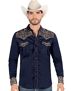 Montero 3542 men's navy blue long sleeve Western shirt with gold embroidery and snap buttons