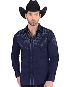 Camisa Vaquera de Hombre Lamasini 2206 de Manga Larga Azul Marino con Bordado - vista frontal.