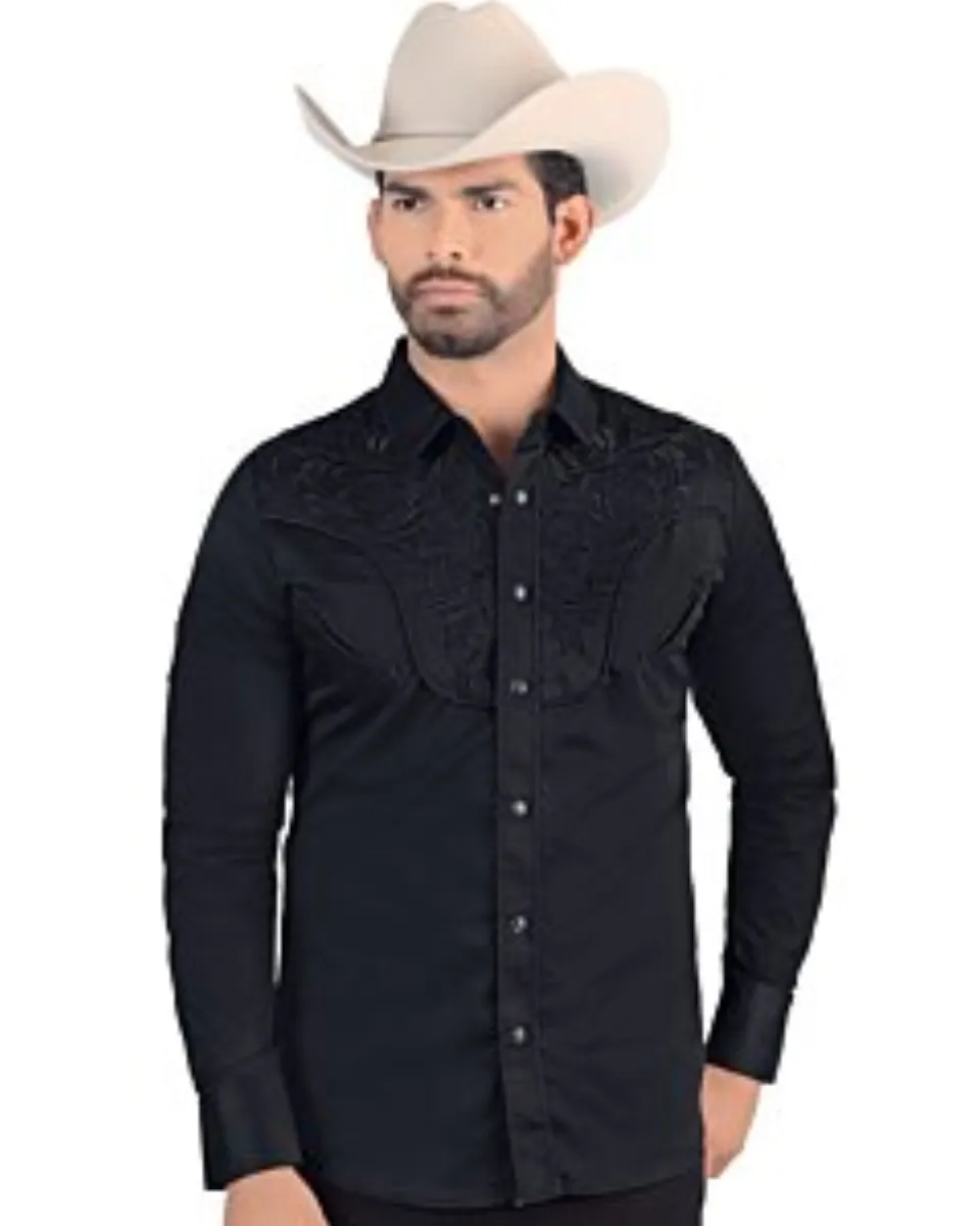 Camisa Vaquera de Hombre Lamasini 2206 de Manga Larga Azul Marino con Bordado - vista frontal.