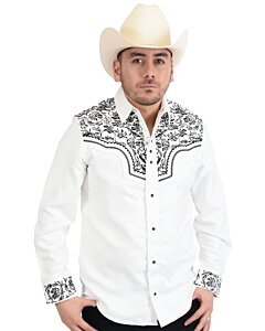 Camisa Vaquera De Gamuza Bordada Blanca Con Negro WD 11-932