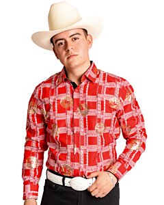 Camisa Vaquera Diseño De Grecas Color Rojo-Blanco WD 11-898