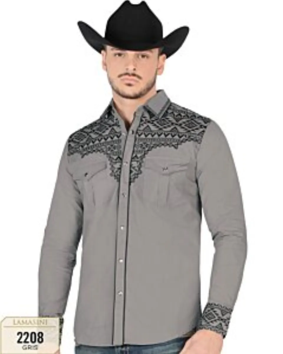 Camisa Vaquera Bordada Gris Lamasini 2208