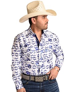 Camisa Vaquera Azul Estampado De Herraduras y Cabezas De Caballos WD 11-891