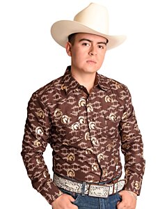 Camisa Vaquera Café Con Estampado De Herraduras y Caballos WD 11-892