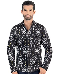 Vista frontal de la Camisa de Manga Larga Negra con Patrón Tribal para Hombre Lamasini 0105.