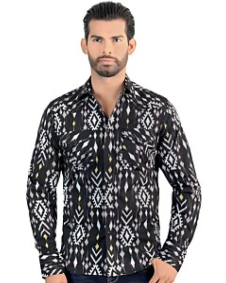 Vista frontal de la Camisa de Manga Larga Negra con Patrón Tribal para Hombre Lamasini 0105.