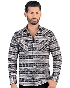 Vista frontal de la Camisa de Hombre Color Negro y Blanco con Patrón Geométrico - Botón de Broche - Corte Moderno - Lamasini 0106.