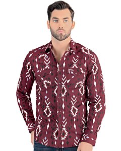 Vista frontal de la Camisa de Manga Larga Color Vino con Patrón Tribal para Hombre Lamasini 0105.