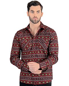 Vista frontal de la Camisa de Hombre Color Rojo con Patrón Geométrico - Botón de Broche - Corte Moderno - Lamasini 0106.