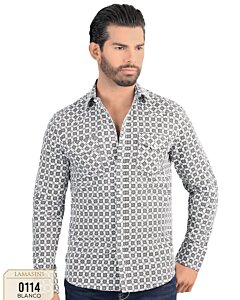 Vista frontal de la Camisa de Manga Larga Blanca con Patrón Geométrico Negro para Hombre Lamasini 0114.