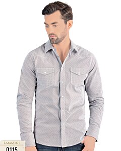 Vista frontal de la Camisa de Manga Larga Color Blanco para Hombre con Puntos Sutiles - Botón de Broche - Corte Moderno - Lamasini 0115.