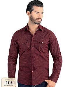 Vista frontal de la Camisa de Manga Larga Color Vino para Hombre con Puntos Sutiles - Botón de Broche - Corte Moderno - Lamasini 0115.