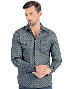 Vista frontal de la Camisa de Manga Larga Azul Marino con Patrón Geométrico Amarillo para Hombre Lamasini 0114.