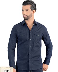 Vista frontal de la Camisa de Manga Larga con Puntos Sutiles en Color Azul Marino para Hombre - Botón de Broche - Corte Moderno - Lamasini 0115.