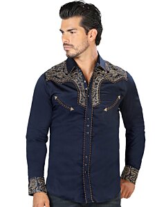 Model wearing Men's Navy Western Embroidered Shirt - Lamasini 2203, showcasing intricate gold embroidery and snap button front.