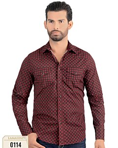 Vista frontal de la Camisa de Manga Larga Negra con Patrón Geométrico Rojo para Hombre Lamasini 0114.
