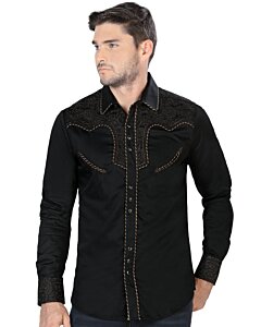 Model wearing Men's Black Western Embroidered Shirt - Lamasini 2203, highlighting intricate gold embroidery and snap button front.