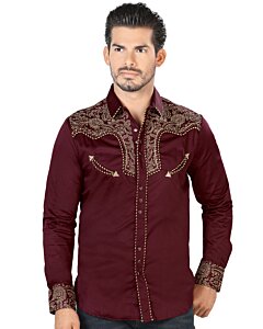 Model wearing Men's Burgundy Western Embroidered Shirt - Lamasini 2203, showcasing detailed embroidery and snap button front.