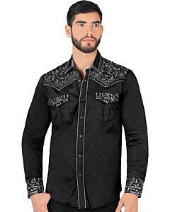 Camisa Vaquera Bordada Montero Color Negro Con Bordado Gris VA3541