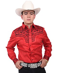 Camisa Vaquera De Gamuza Roja Bordado Negro WD 11-924