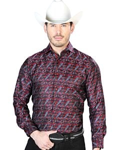 Camisa Jacquard Fina Color Burgundy Con Azul Centenario 43711