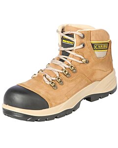 Caribu 44361 men's steel toe work shoes in caramel nubuck leather, featuring a lace-up design, high-impact toe protection, and T.P.U./Phylon outsole.