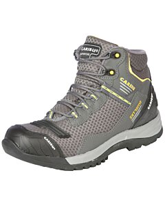 Men's gray and black work shoes by Caribu, featuring a textile/synthetic upper, durable rubber and phylon outsole, and modern design, model 44367.