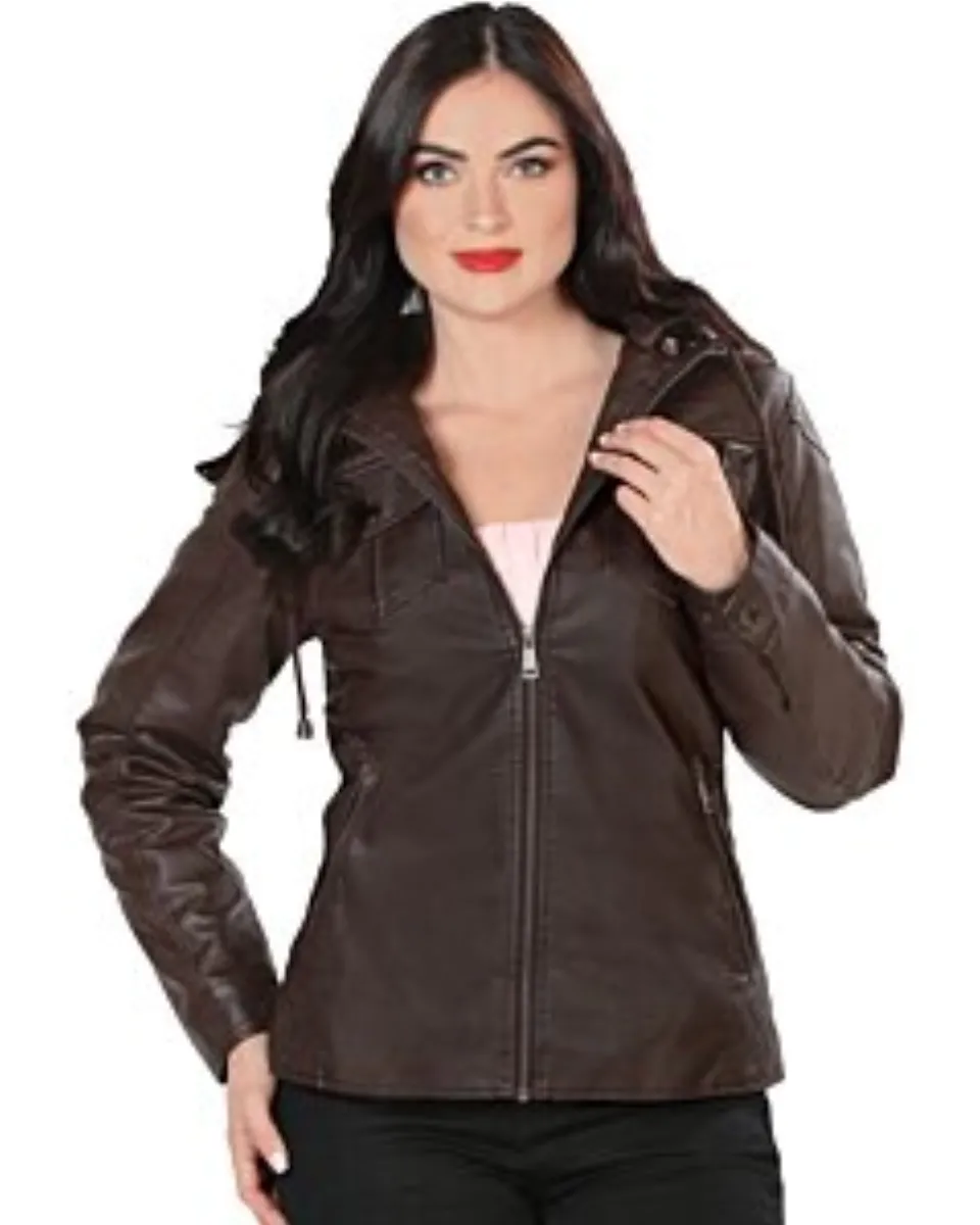 A woman wearing a Danesi 4040 brown faux leather jacket with a detachable hoodie.