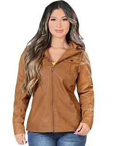 Woman wearing a Danesi 4040 Camel faux leather jacket, front view