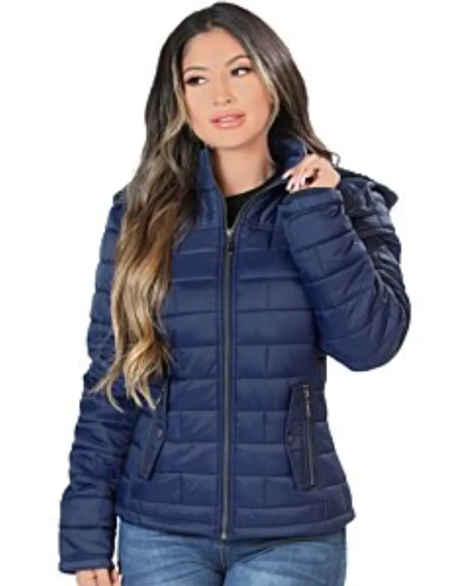 Woman wearing Danesi 4042 Navy Women's Quilted Jacket, showing the front zippered design and hood.