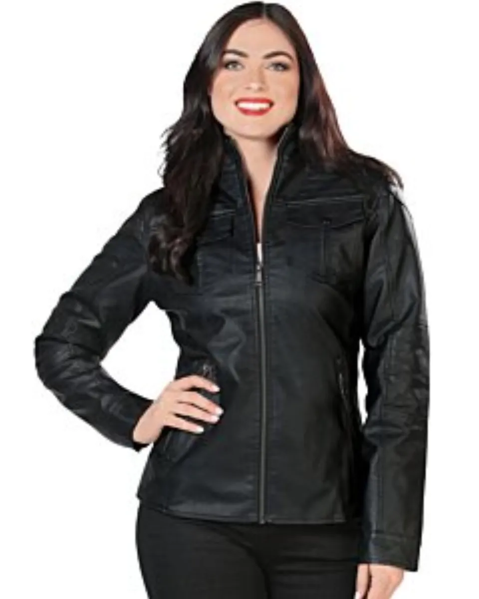 Front view of a woman in a black faux leather jacket with quilted details and a sleek fit.