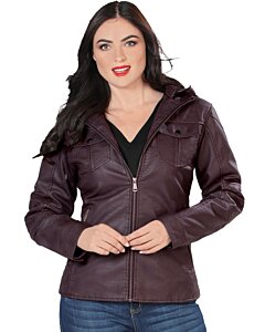 Front view of woman in Danesi 4040 Vino faux leather jacket, featuring a zip closure and classic pockets.