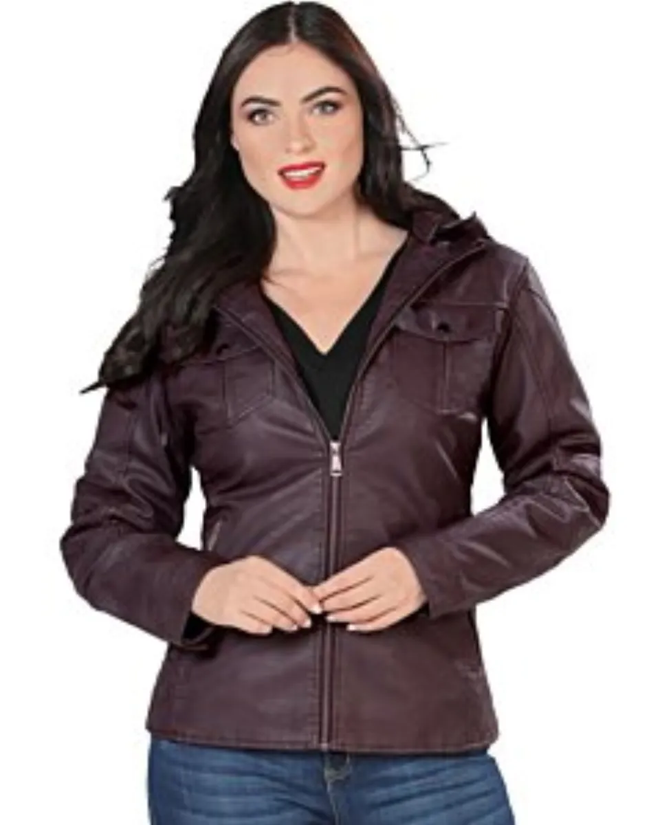 Front view of woman in Danesi 4040 Vino faux leather jacket, featuring a zip closure and classic pockets.