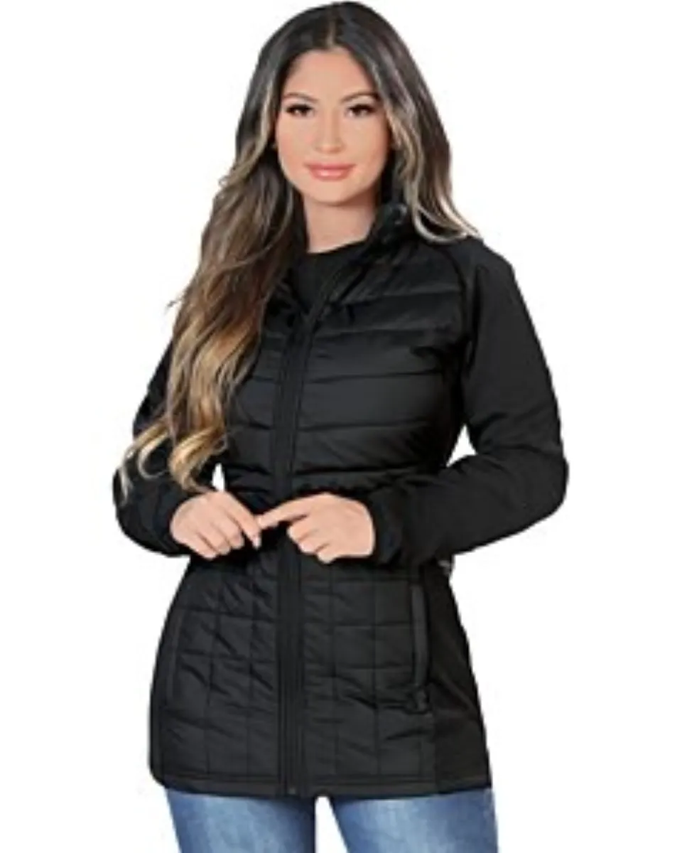Front view of Danesi 4043 black quilted long coat with fitted waist.